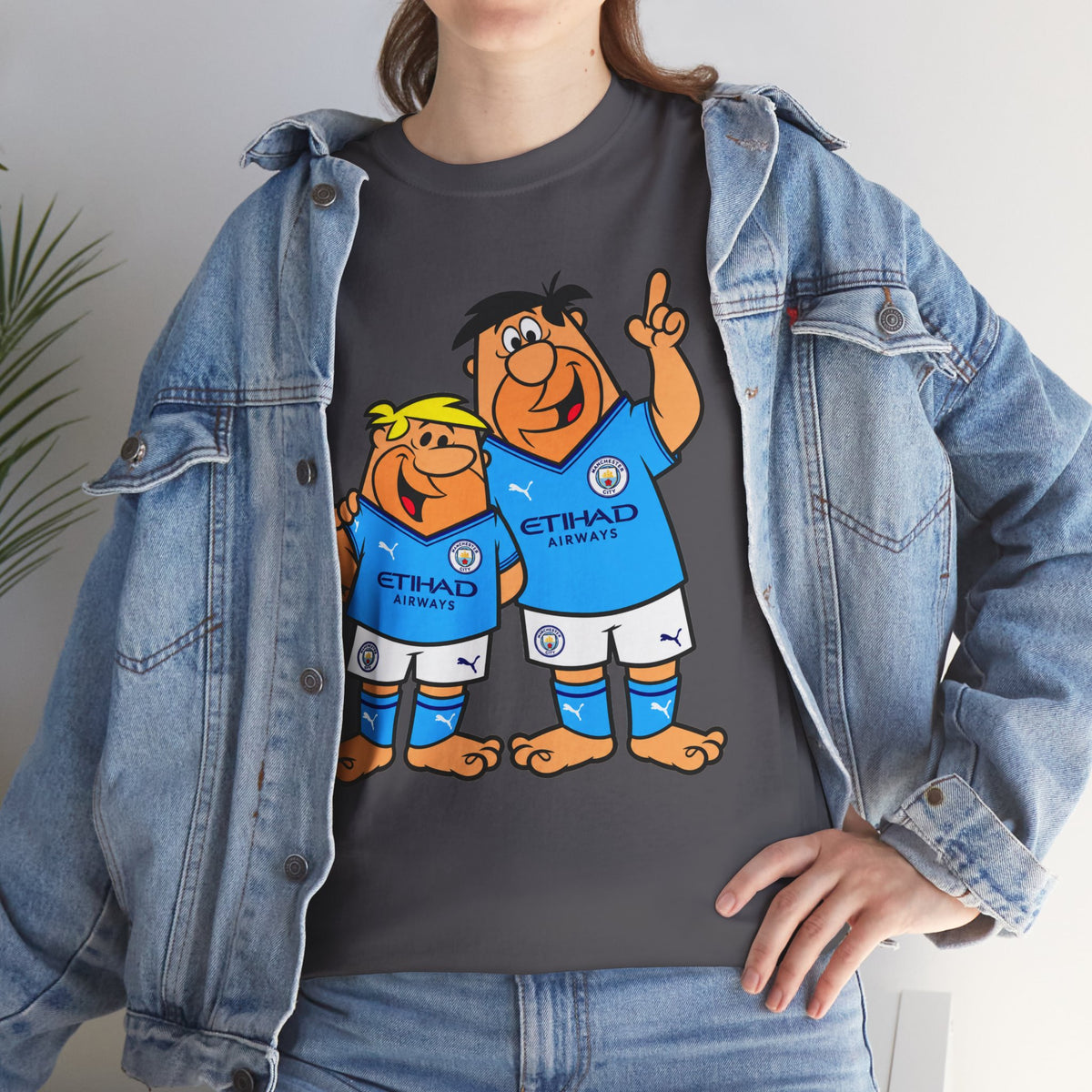 Manchester City The Flintstones Etihad Airways Cartoon Cotton T-Shirt