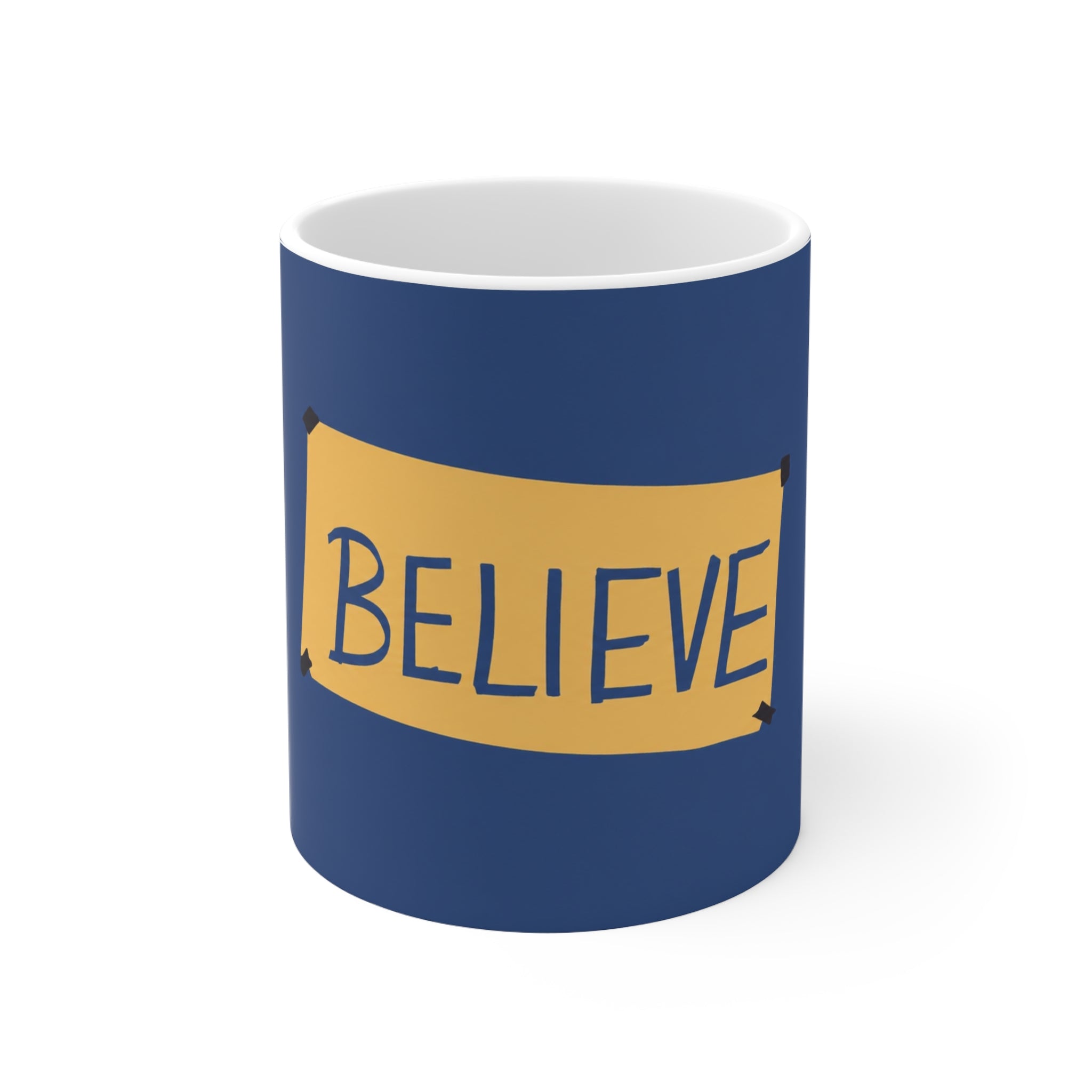 Ted Lasso Inspired Believe Ceramic Coffee Mug – Inspirational Blue & Gold 11oz/15oz