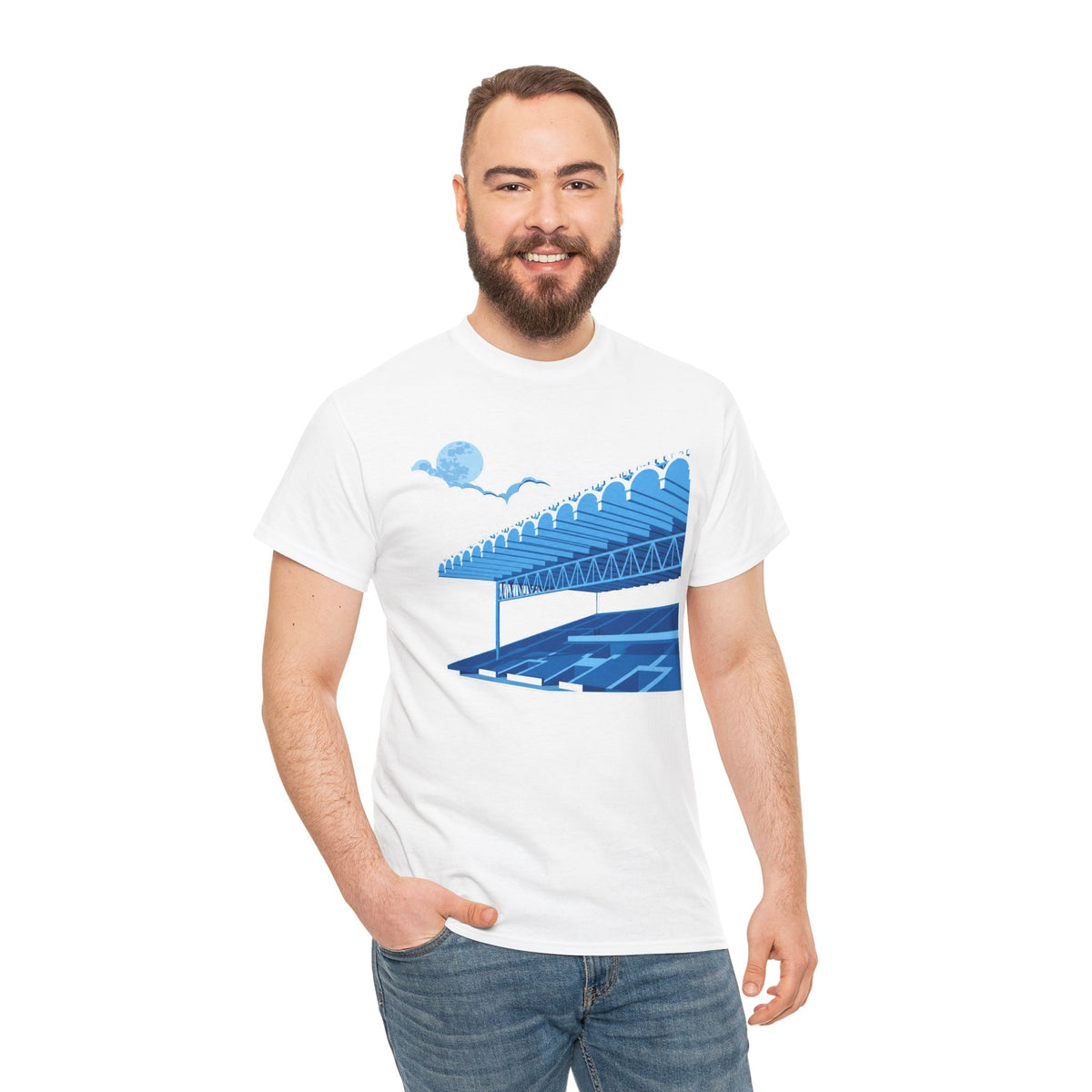 Manchester City Maine Road, Main Stand Cotton T-Shirt — Blue Retro Sports Venue Tee