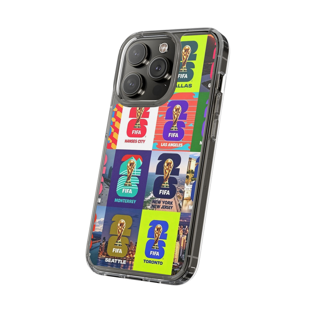 FIFA World Cup Pop Art Clear Phone Case — City Badge Collage (Dallas, LA, Monterrey, Toronto, Seattle)