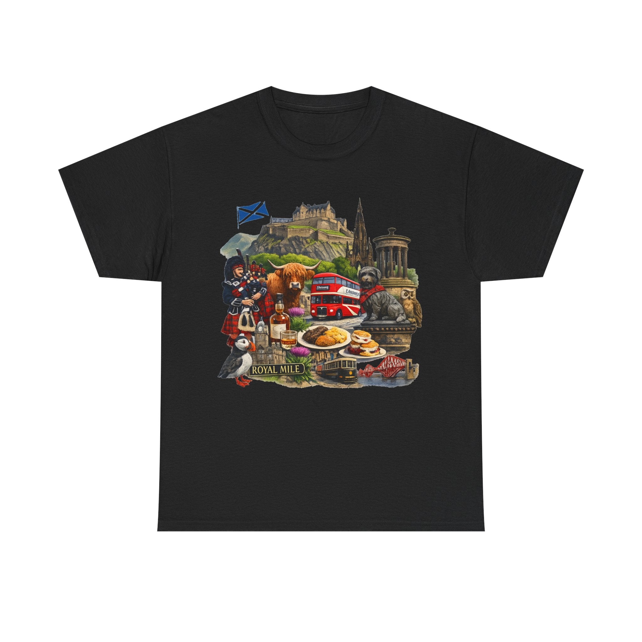 Scotland / Edinburgh Travel Collage T-Shirt — Edinburgh Castle, Bagpipes & Local Icons