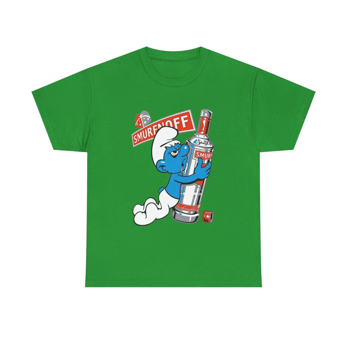 Smurf Holding Bottle Graphic Tee — "Smurf Off" Retro Cartoon T-Shirt