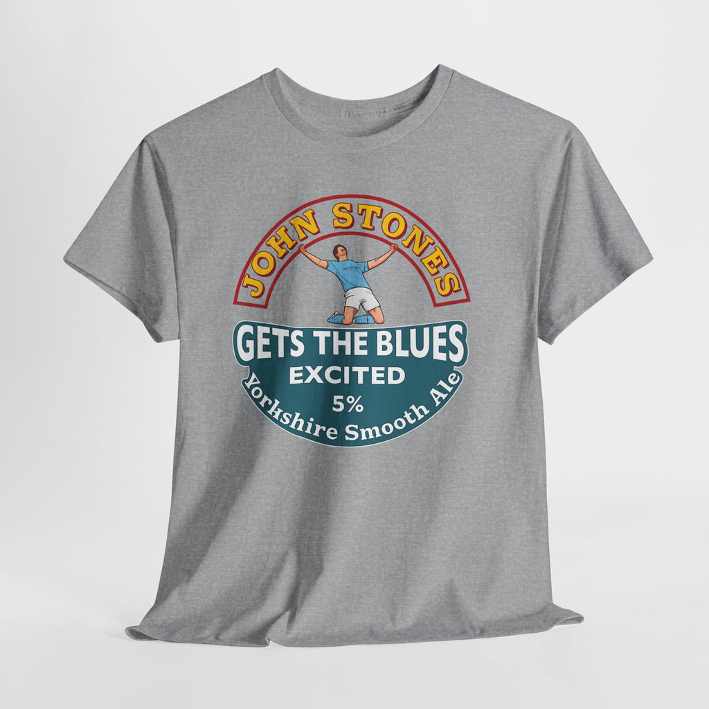 John Stones T-Shirt — "Gets The Blues Excited" Retro Ale Parody Tee