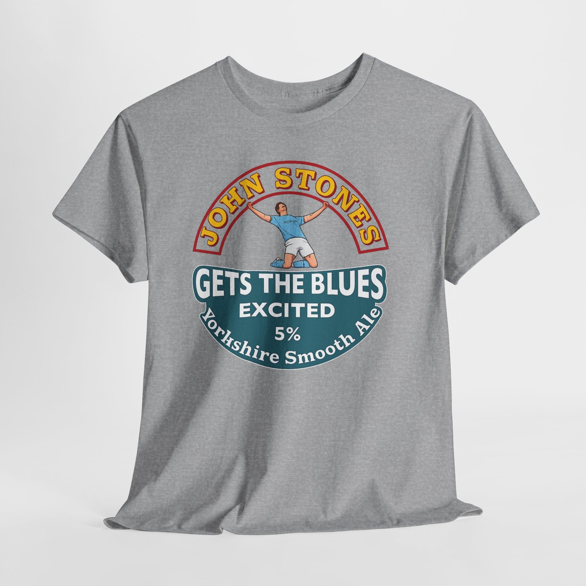 John Stones T-Shirt — "Gets The Blues Excited" Retro Ale Parody Tee