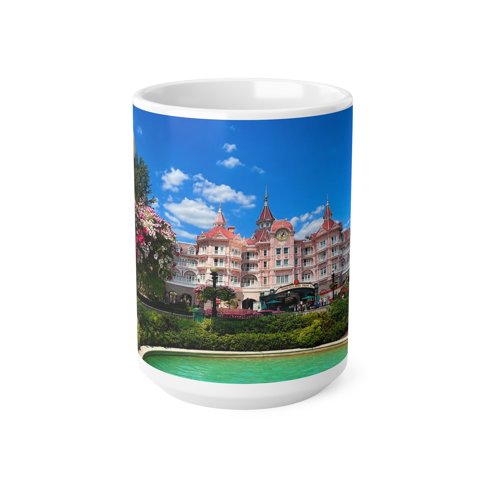 Disneyland Paris Pink Castle Photo Mug — Floral Park Scenic Coffee Cup (11oz, 15oz)