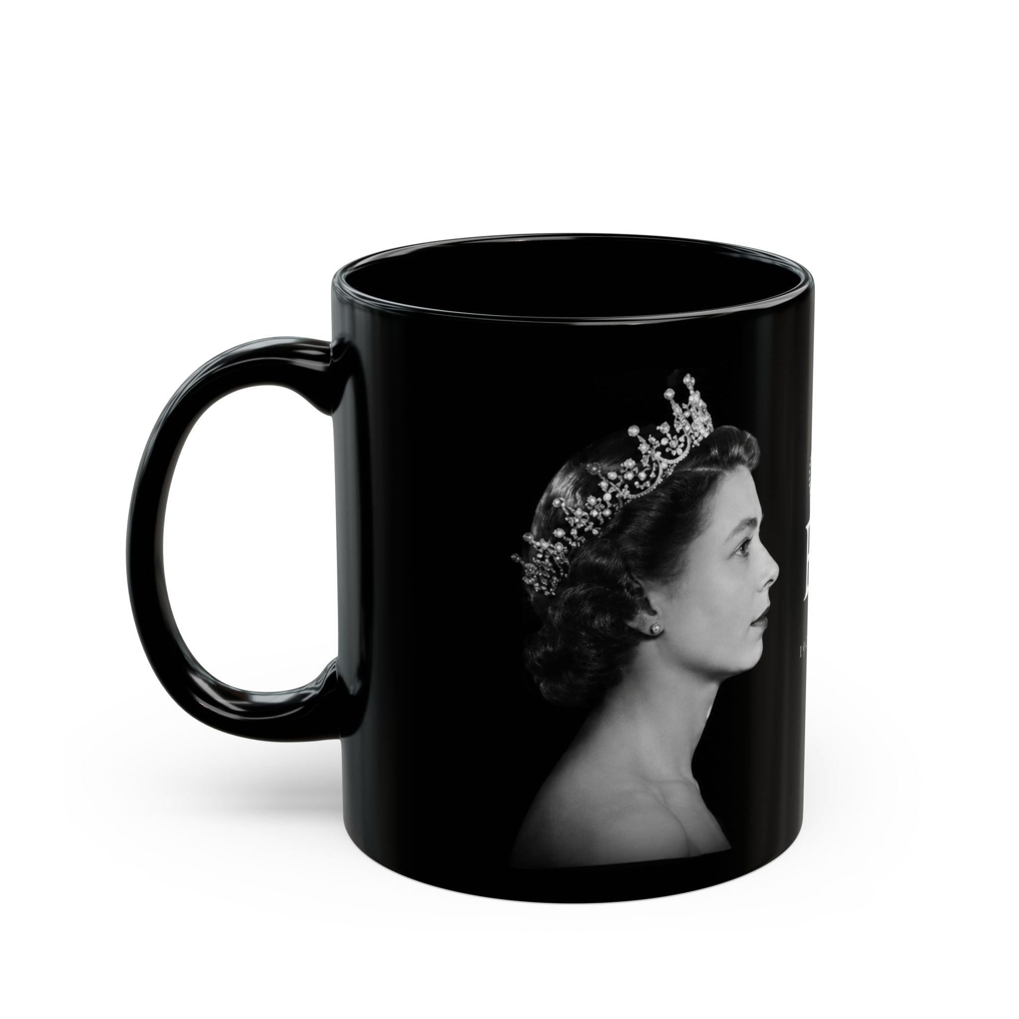 Queen Elizabeth II Memorial Black Mug – E II R Tribute Design (1926–2022)