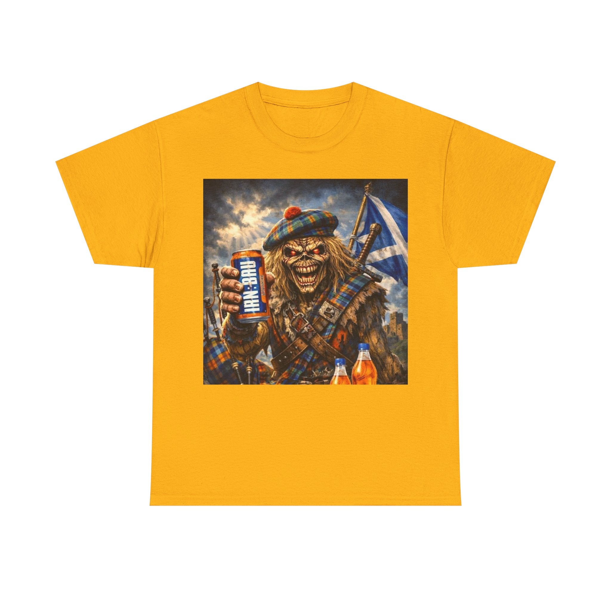 Scottish Rock Skull T‑Shirt — Eddie the Piper with Flag & Can Graphic Tee