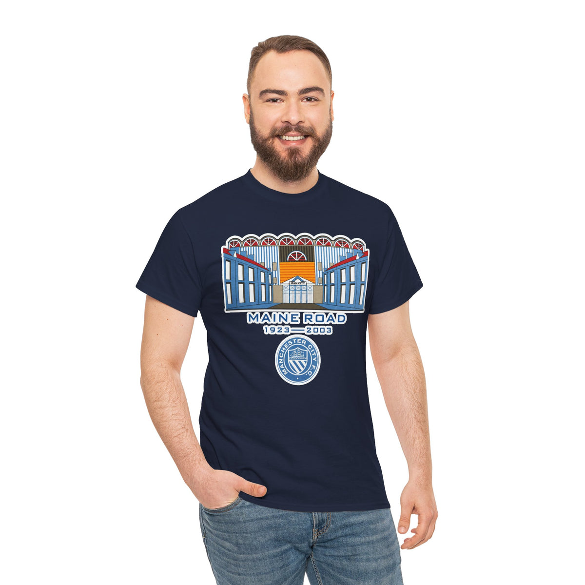Maine Road 1923–2003 Cotton T-Shirt — Vintage Stadium Illustration Tee