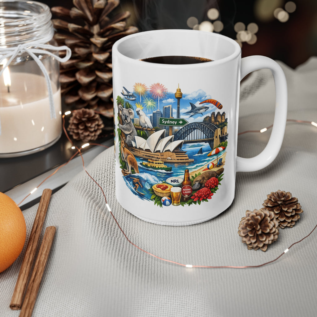 Sydney Australia Souvenir Coffee Mug — 11oz & 15oz Ceramic Cup with Opera House, Harbour Bridge & Native Wildlife