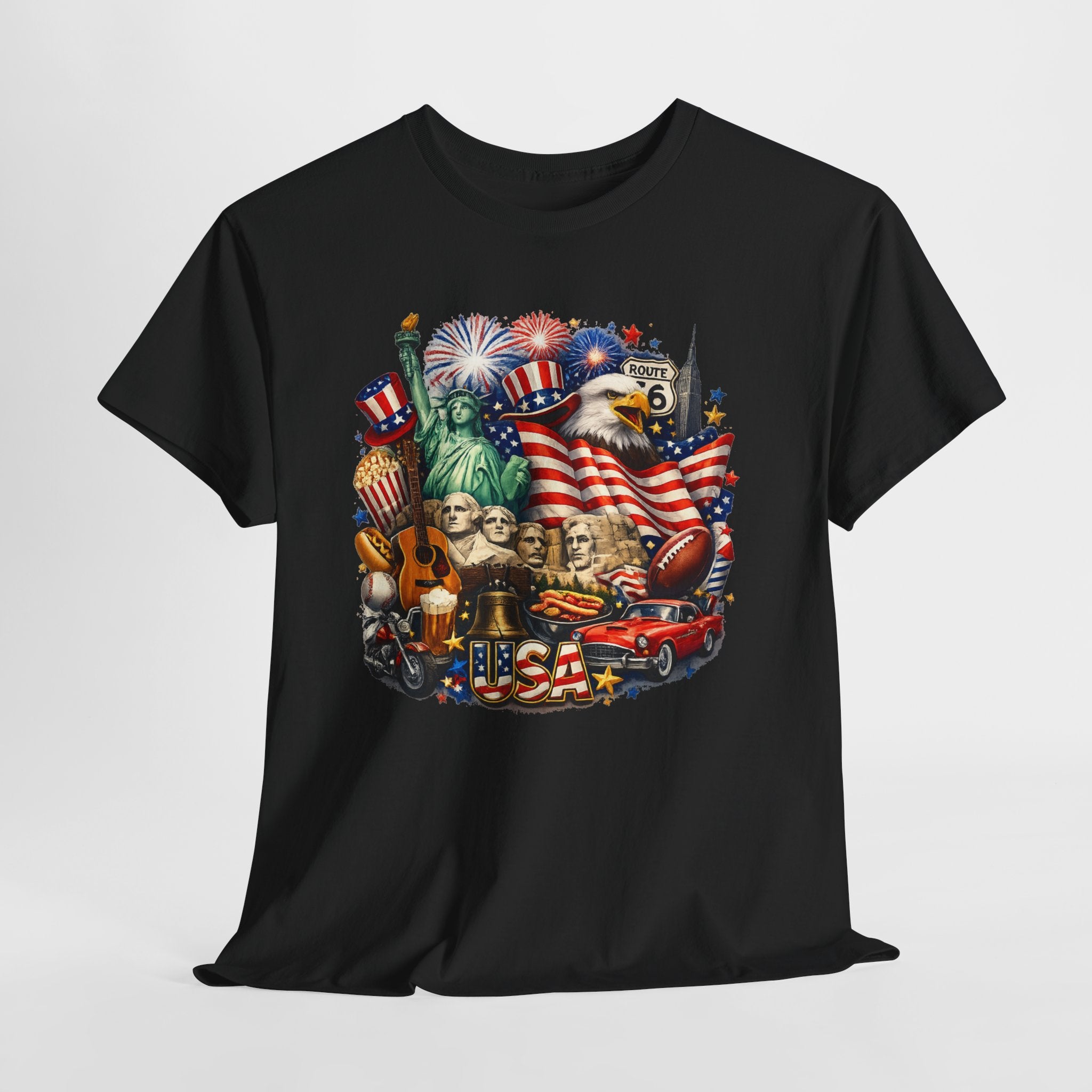 Patriotic USA Graphic Tee – American Flag, Statue of Liberty & Fireworks T-Shirt