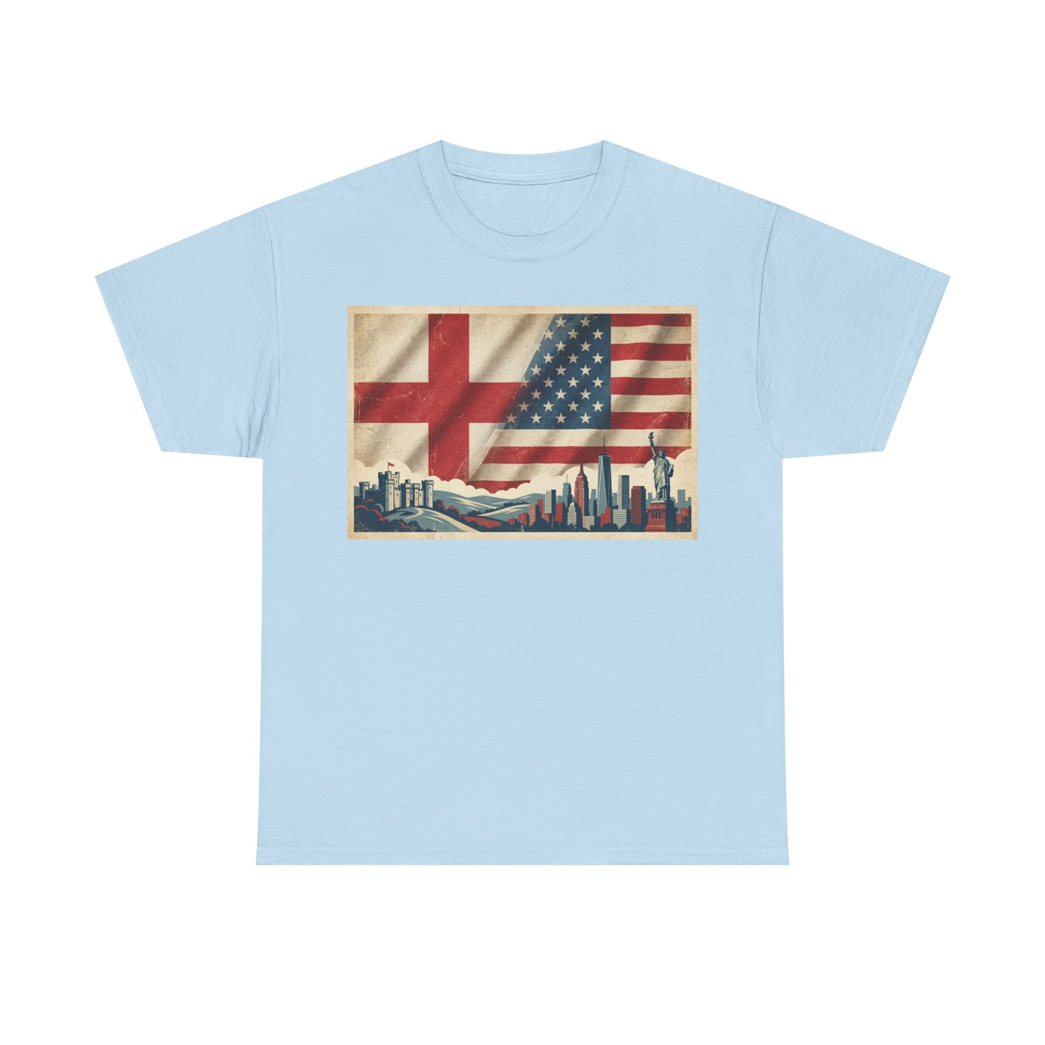 England + USA Flag Skyline T-Shirt — Vintage London & New York City Pride Tee