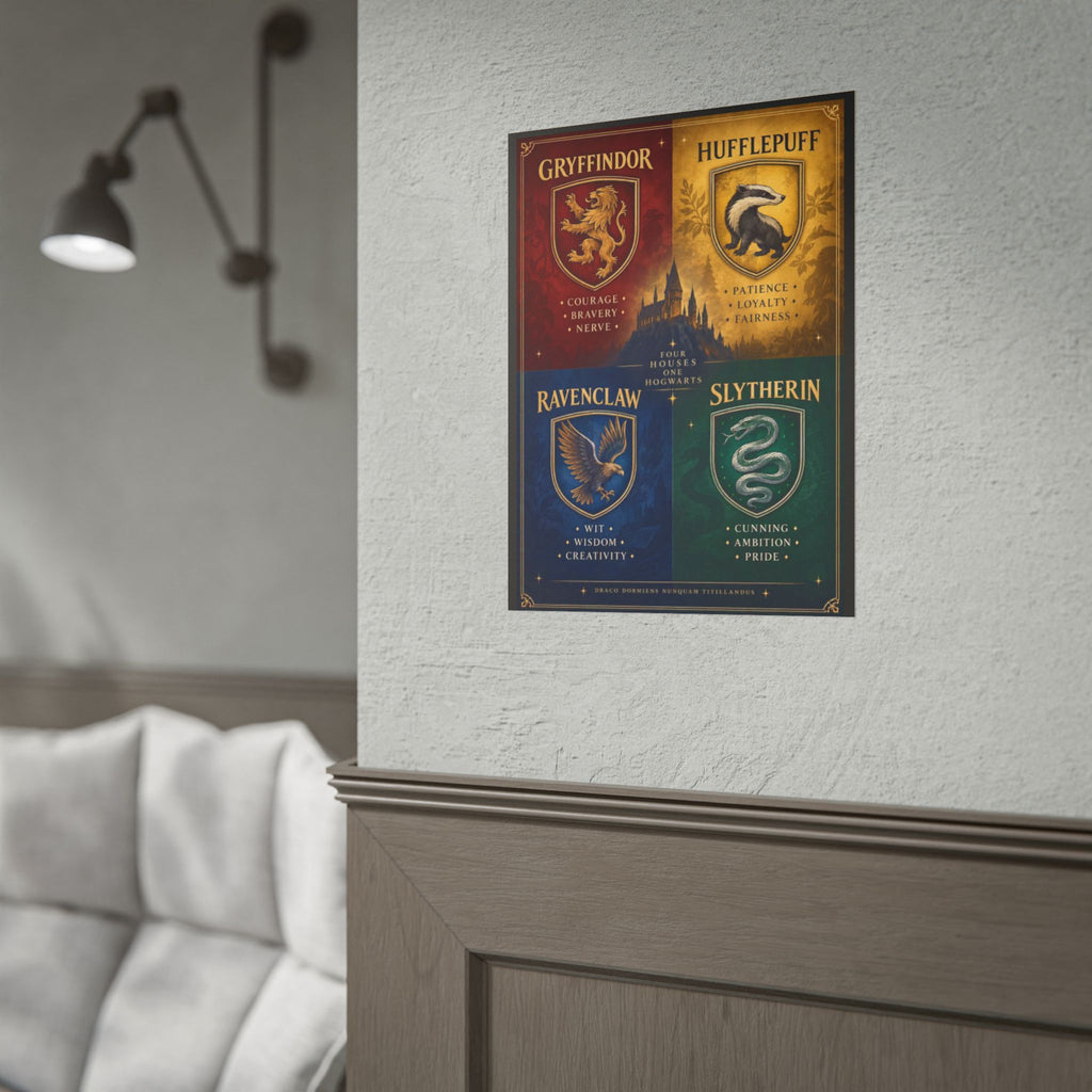 Harry Potter Hogwarts House Crest Poster — Gryffindor Hufflepuff Ravenclaw Slytherin Rolled Art Print