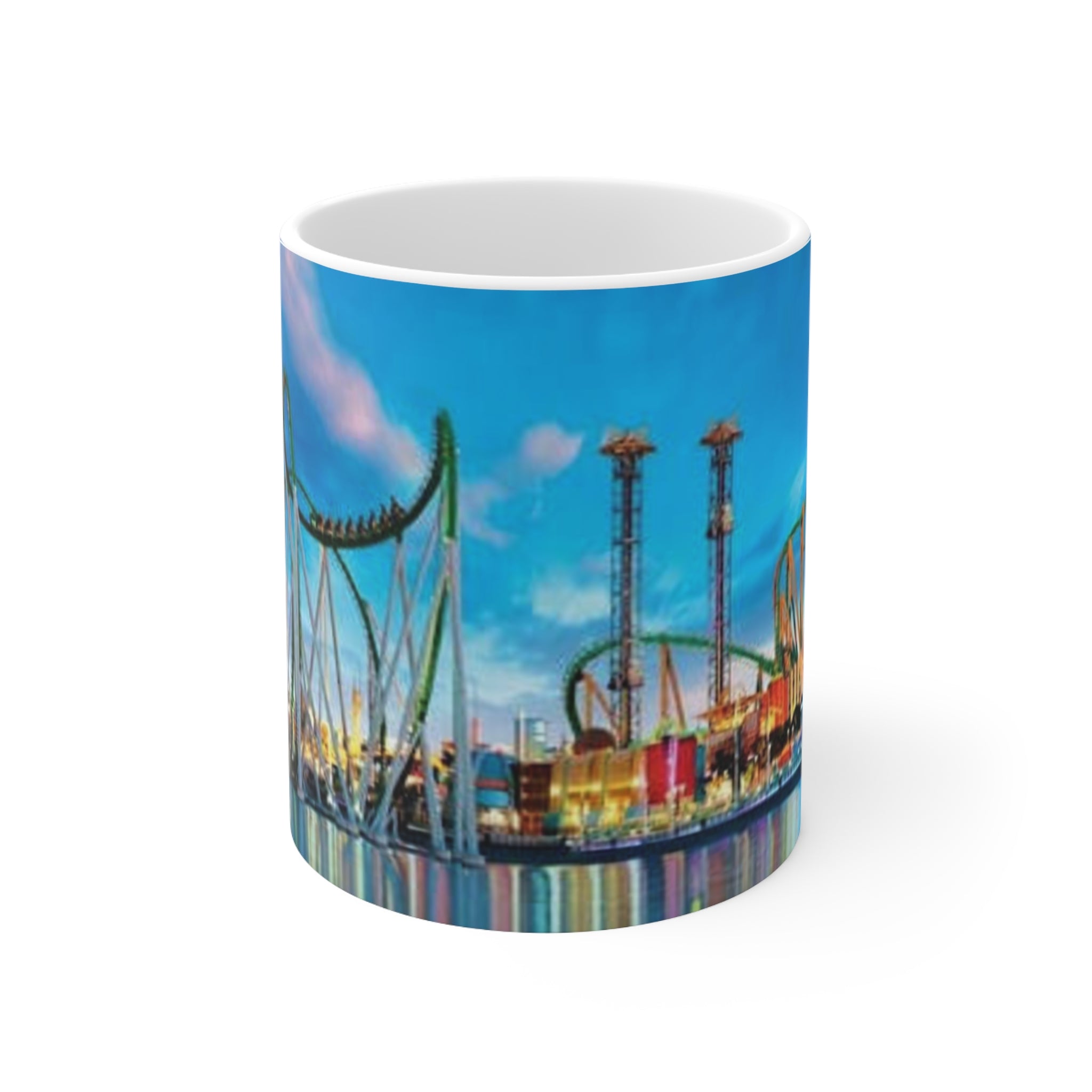 Orlando Theme Park Nightscape Ceramic Mug — Colorful Roller Coaster Skyline (11oz & 15oz)