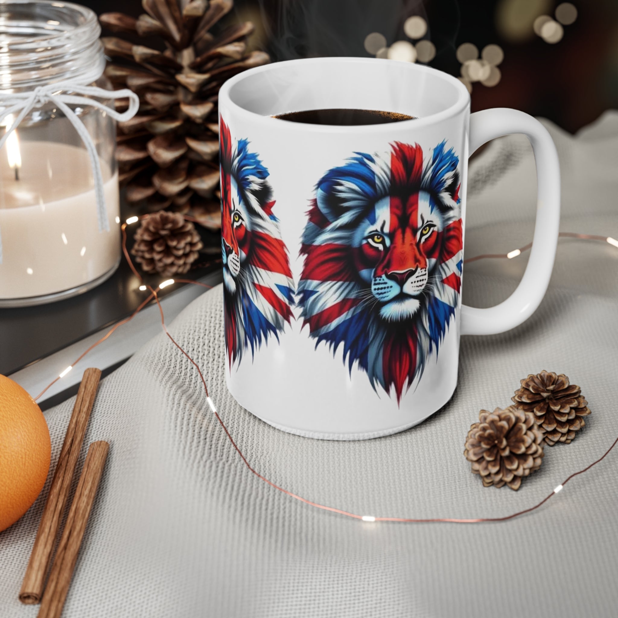 Union Jack 3 Lions Mug — British Flag Ceramic Coffee Cup (11oz & 15oz)