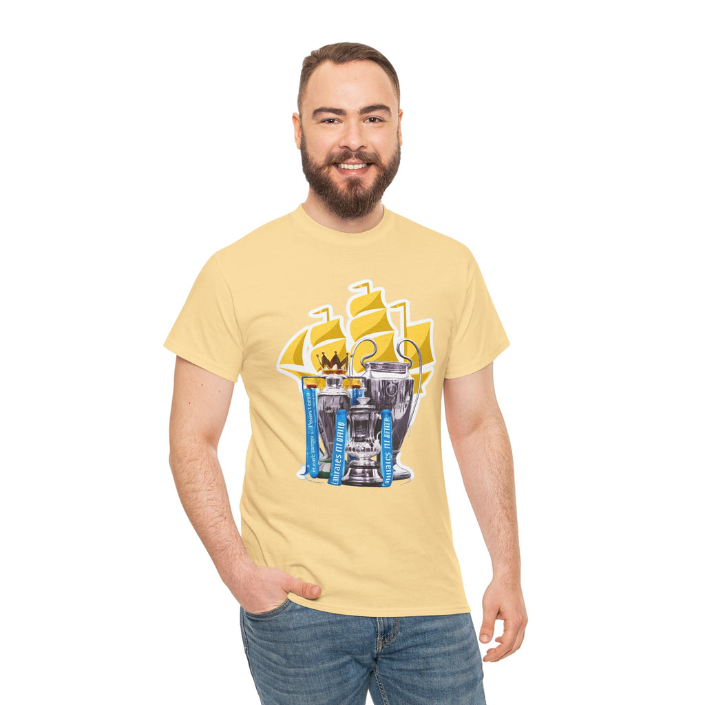 Manchester City Champions Trophy Tee – Golden Cups & Blue Scarves Football Fan Shirt
