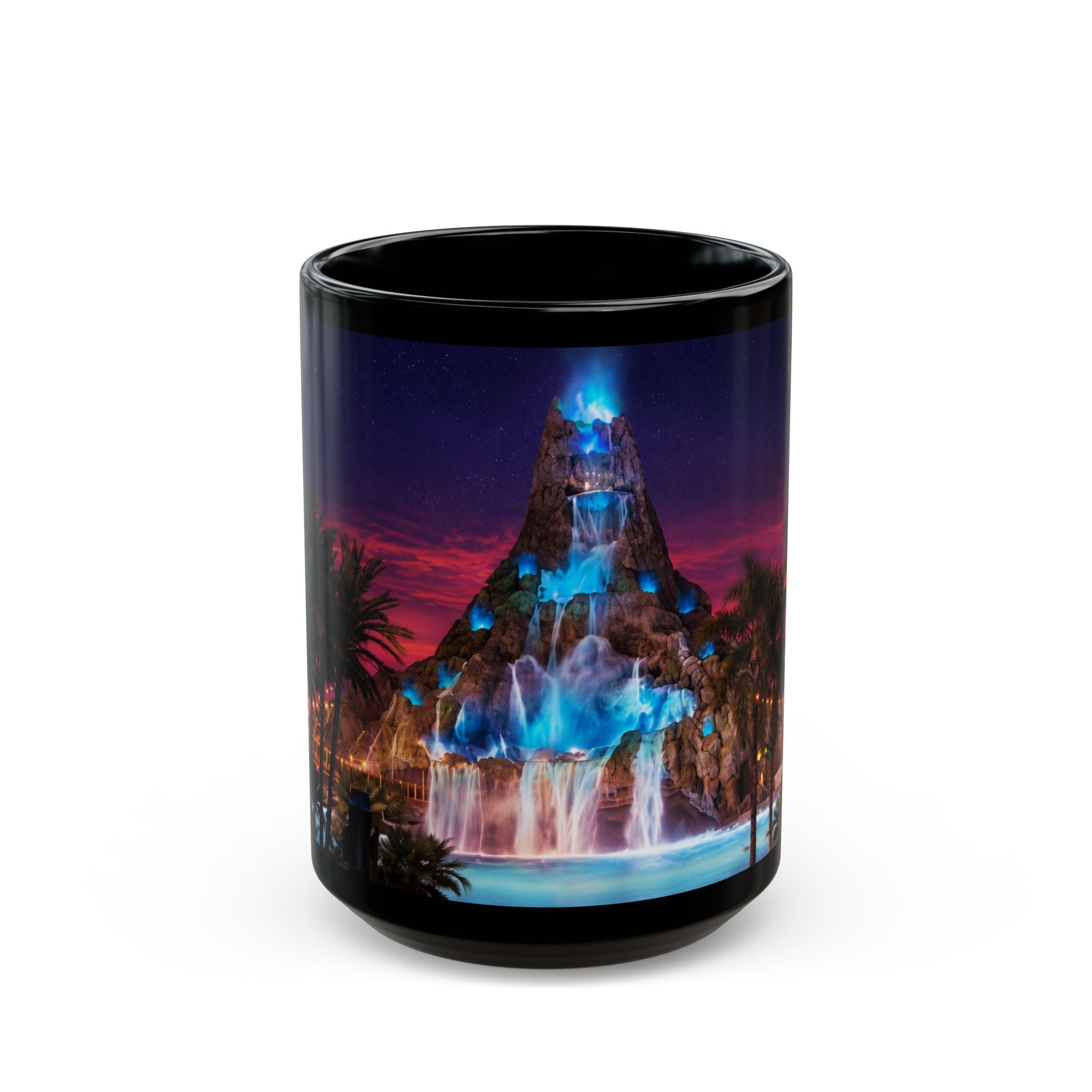 Volcano Bay at Night Black Mug — Illuminated Waterfall & Palm Tree Coffee Cup (11oz/15oz)