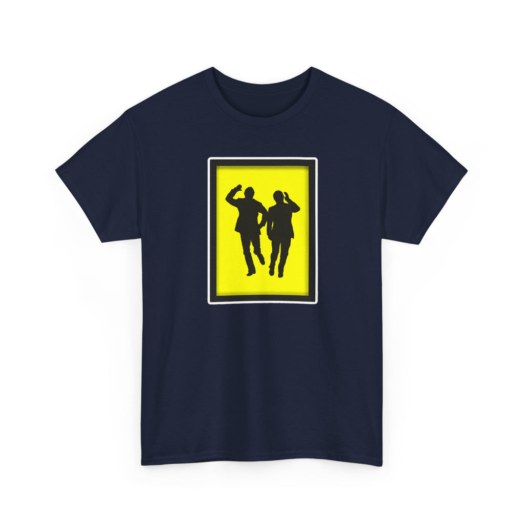 Morecambe and Wise Dancing Silhouette Tee – Retro Yellow Frame Graphic T-Shirt