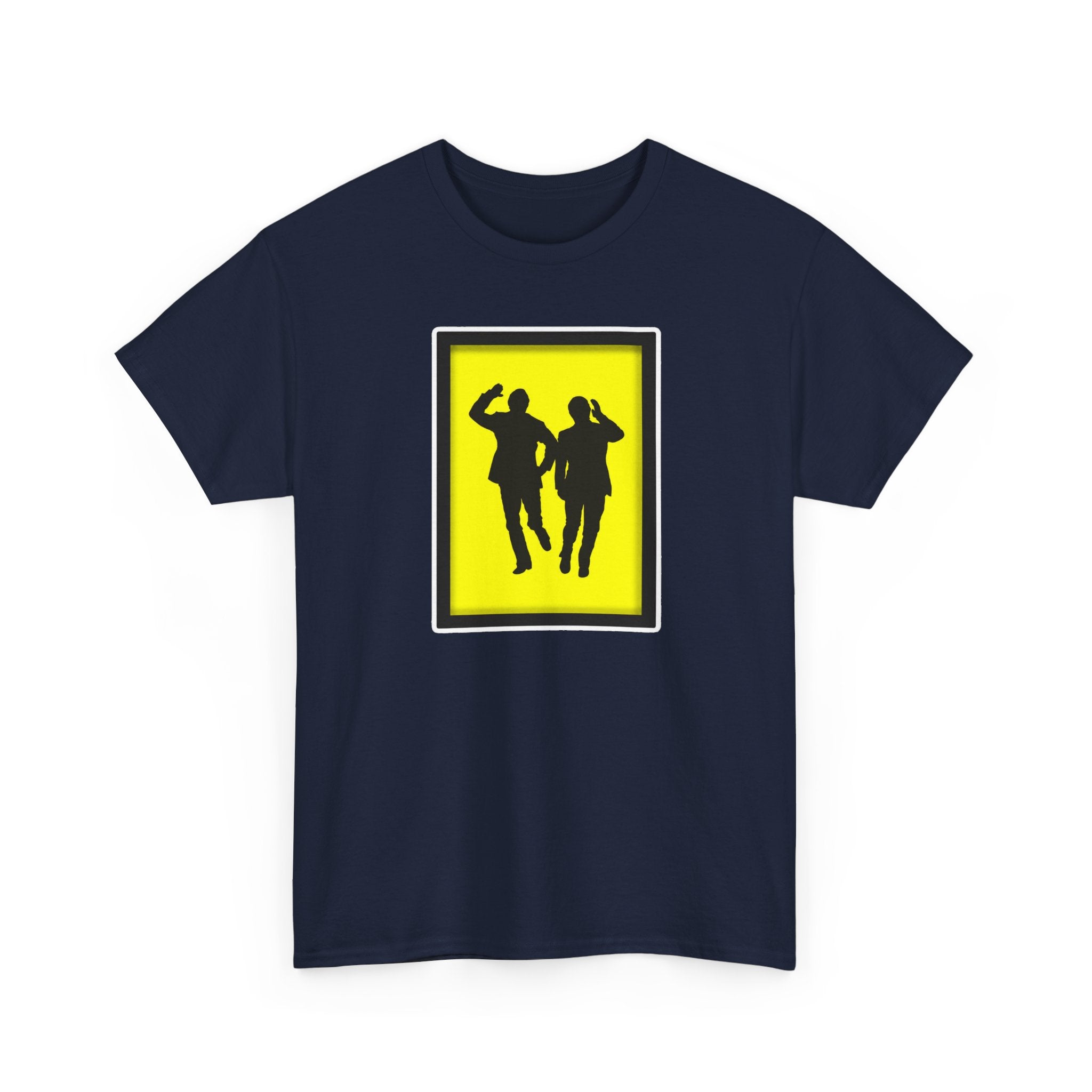 Morecambe and Wise Dancing Silhouette Tee – Retro Yellow Frame Graphic T-Shirt