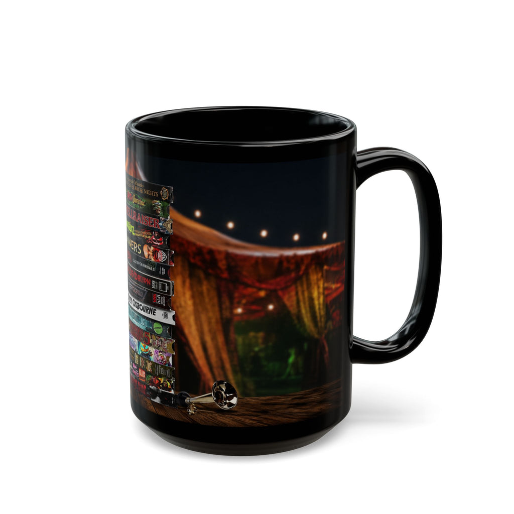 Gothic Horror Bookstack Black Coffee Mug — Vintage Circus, Witchy Reading Vibe (11oz/15oz)