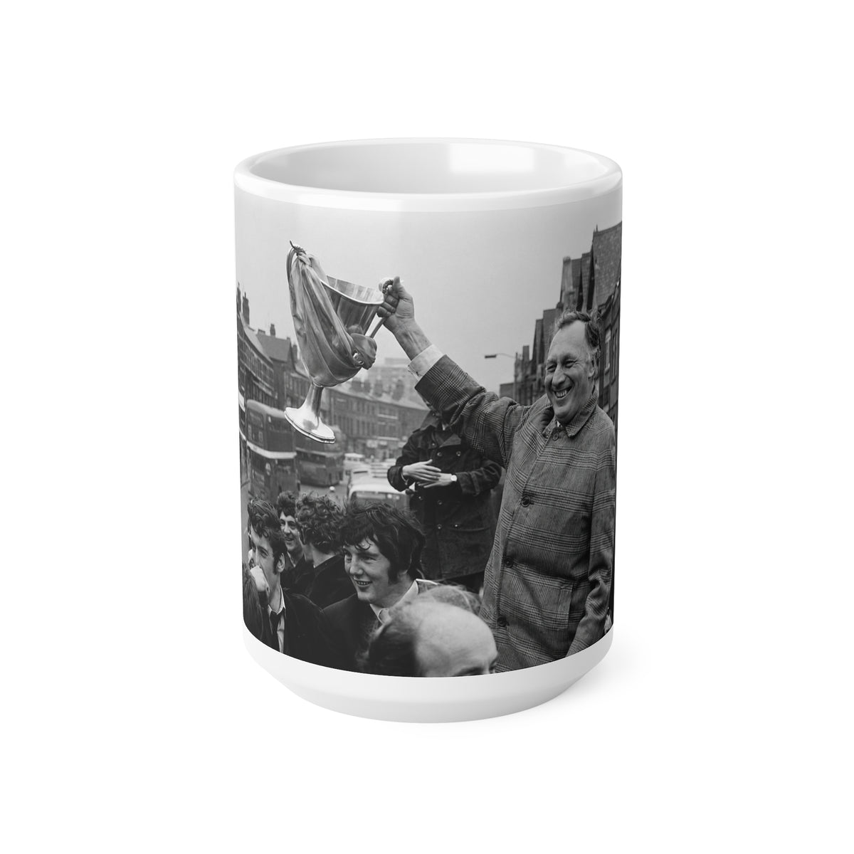 Joe Mercer Manchester City Victory Photo Mug – Black & White Retro Football Celebration Coffee Cup (11oz/15oz)
