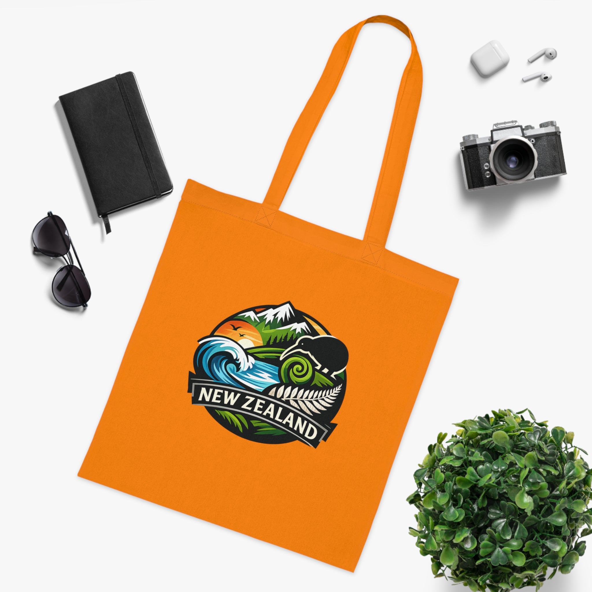 New Zealand Scenic Tote Bag — Kiwi, Fern & Mountain Cotton Shopper