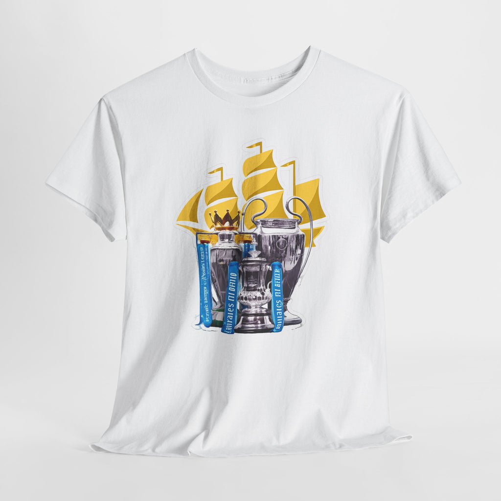 Manchester City Champions Trophy Tee – Golden Cups & Blue Scarves Football Fan Shirt