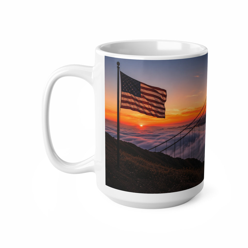 Golden Gate & Flag Sunrise Coffee Mug — San Francisco Sunset Ceramic Cup (11oz/15oz)