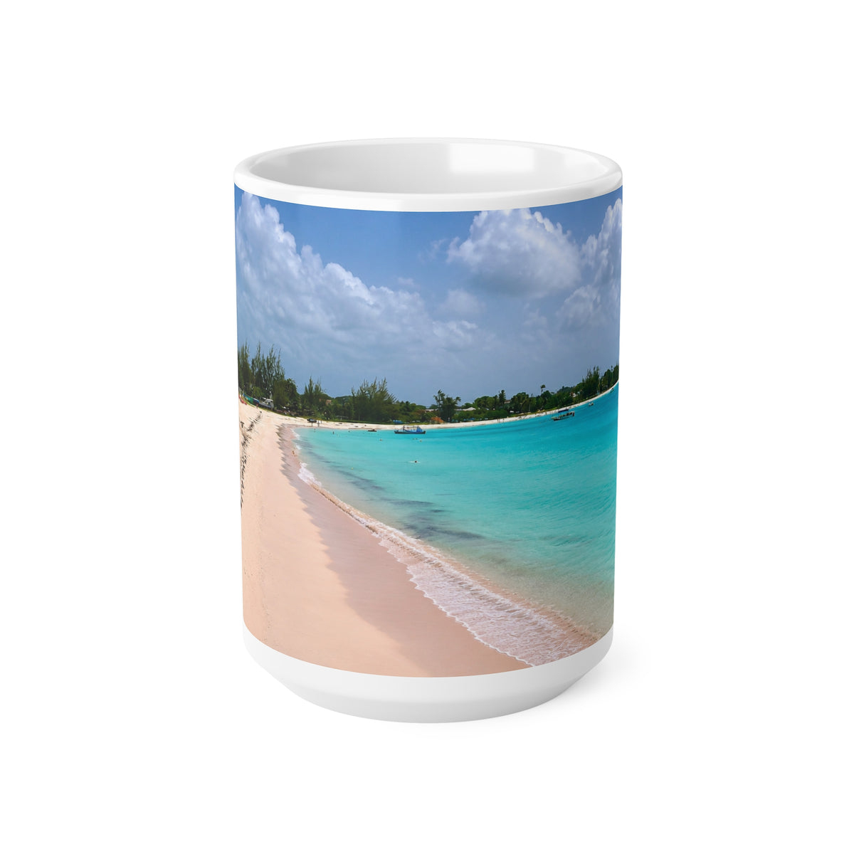 Barbados Beach Scene Coffee Mug — Tropical Pink Sand & Turquoise Water Ceramic Cup (11oz/15oz)