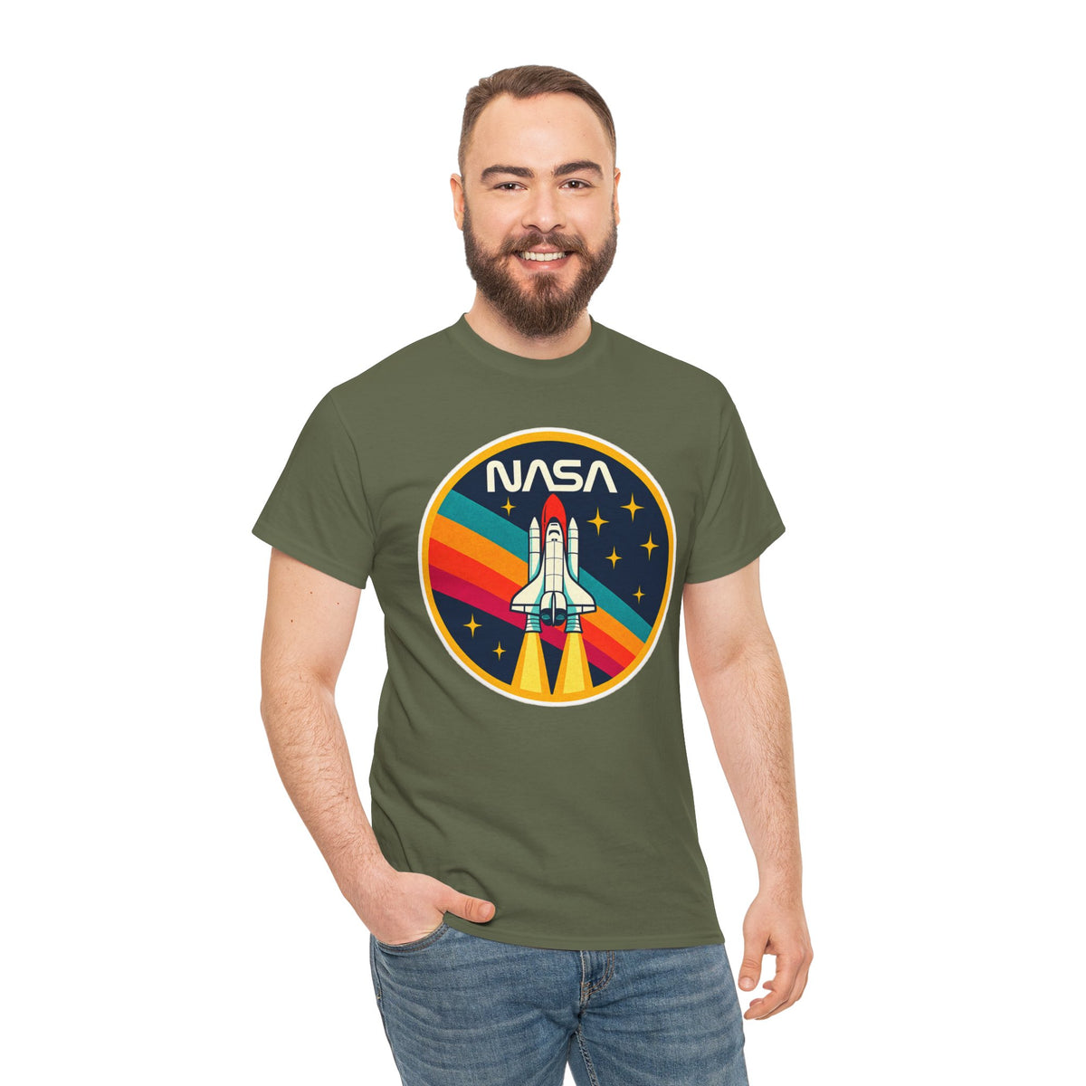 NASA Retro Rocket T‑Shirt — Vintage Space Shuttle Tee with Rainbow Trail