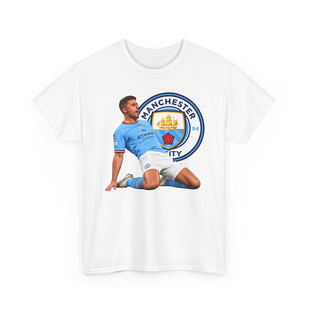 Rodri Manchester City Legend Cotton T-Shirt – Celebratory Slide Graphic Tee