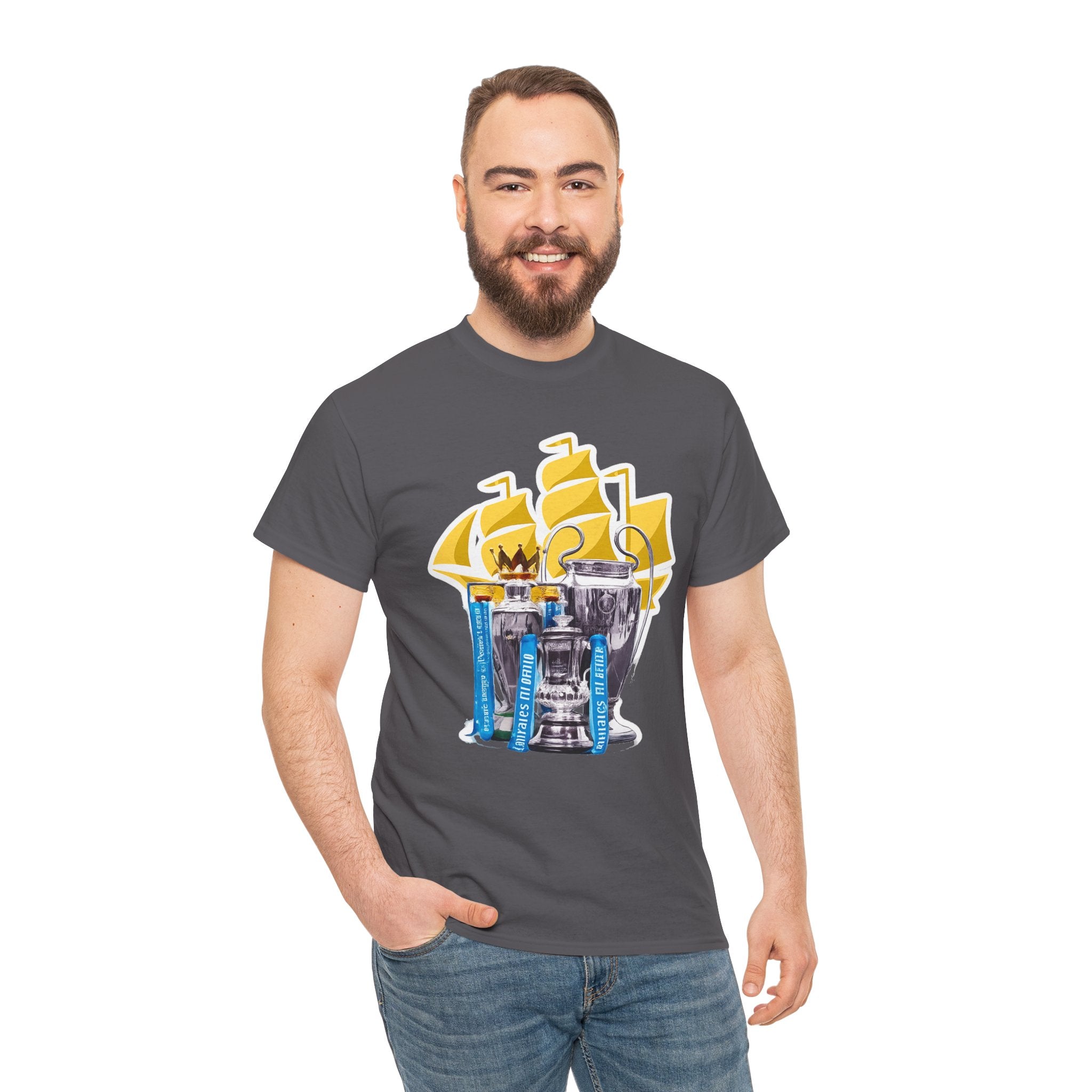 Manchester City Champions Trophy Tee – Golden Cups & Blue Scarves Football Fan Shirt
