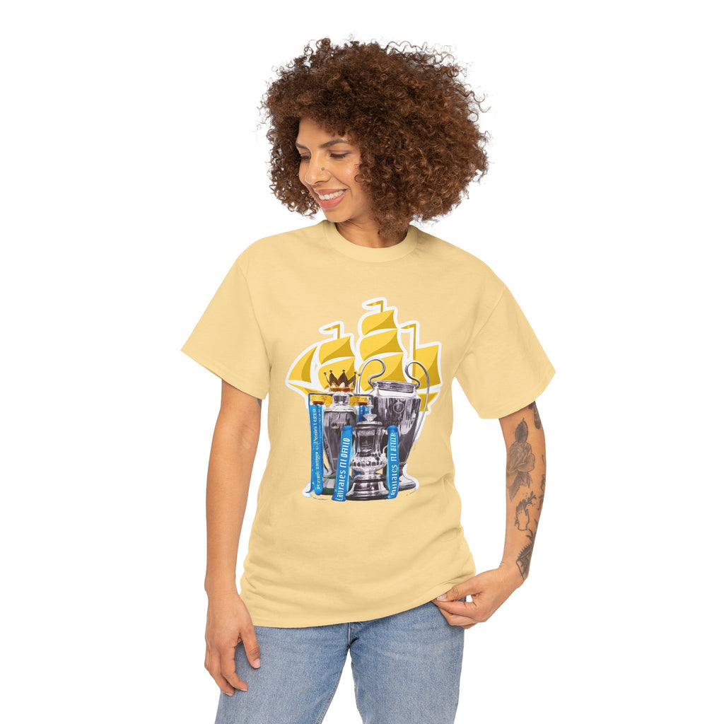 Manchester City Champions Trophy Tee – Golden Cups & Blue Scarves Football Fan Shirt