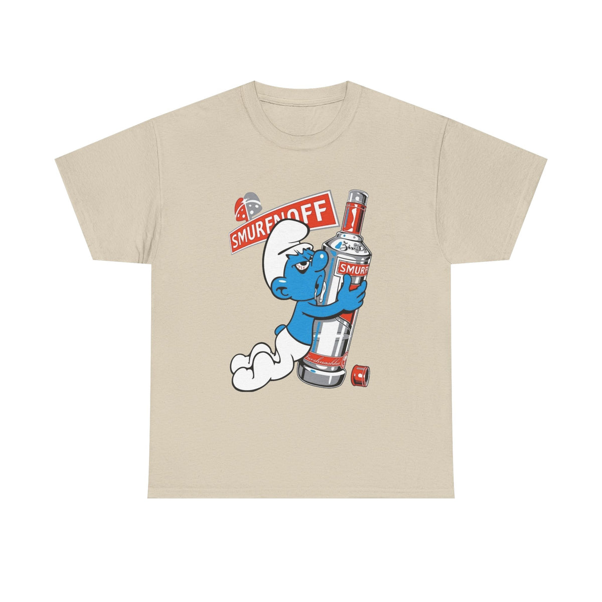Smurf Holding Bottle Graphic Tee — "Smurf Off" Retro Cartoon T-Shirt