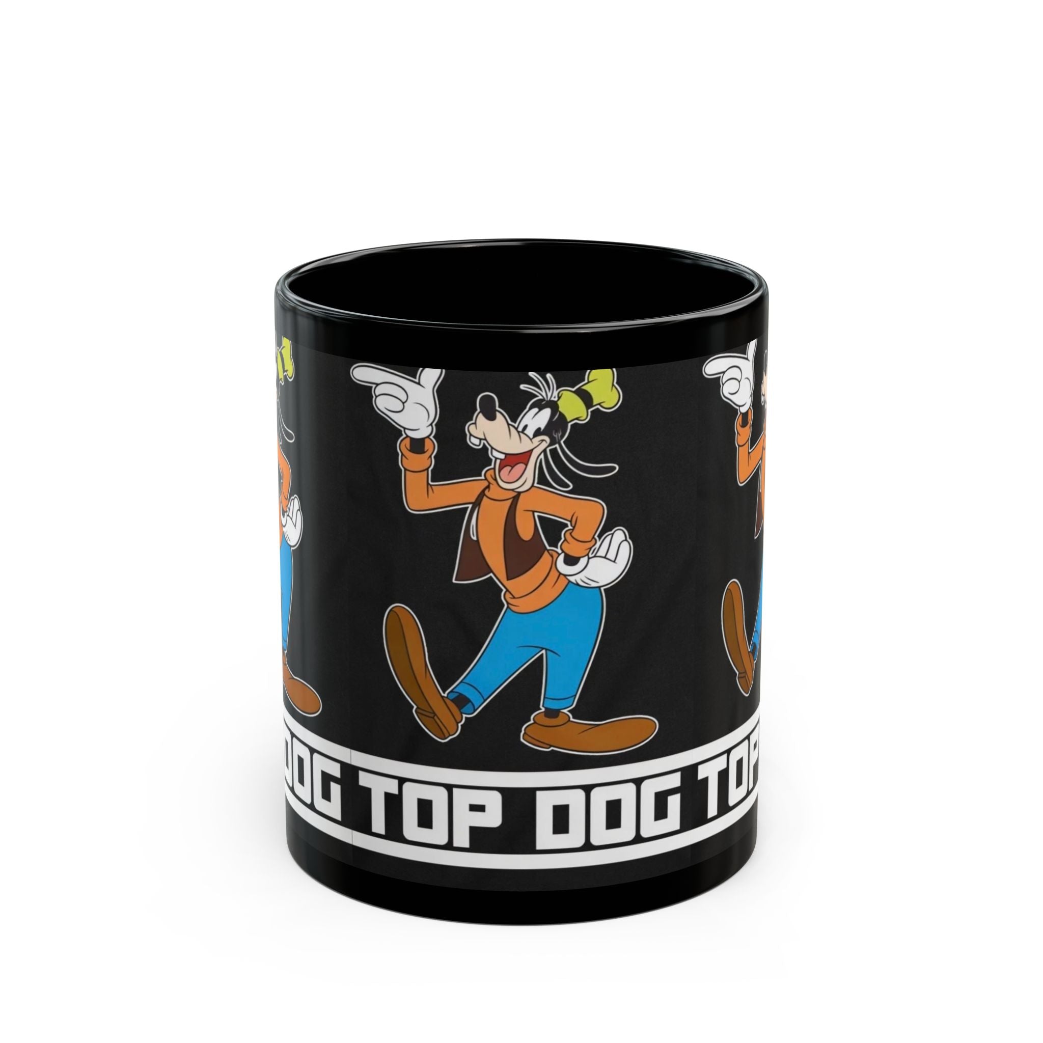 Top Dog Goofy Black Ceramic Mug — Retro Cartoon Character Coffee Cup (11oz & 15oz)