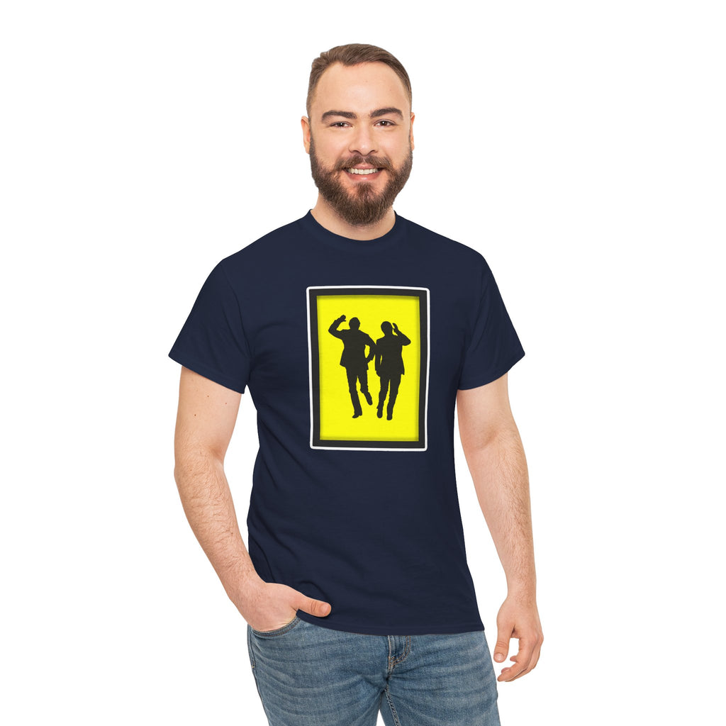 Morecambe and Wise Dancing Silhouette Tee – Retro Yellow Frame Graphic T-Shirt