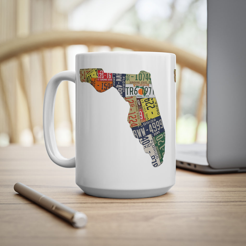 Florida License Plate Map Ceramic Coffee Mug — 11oz & 15oz
