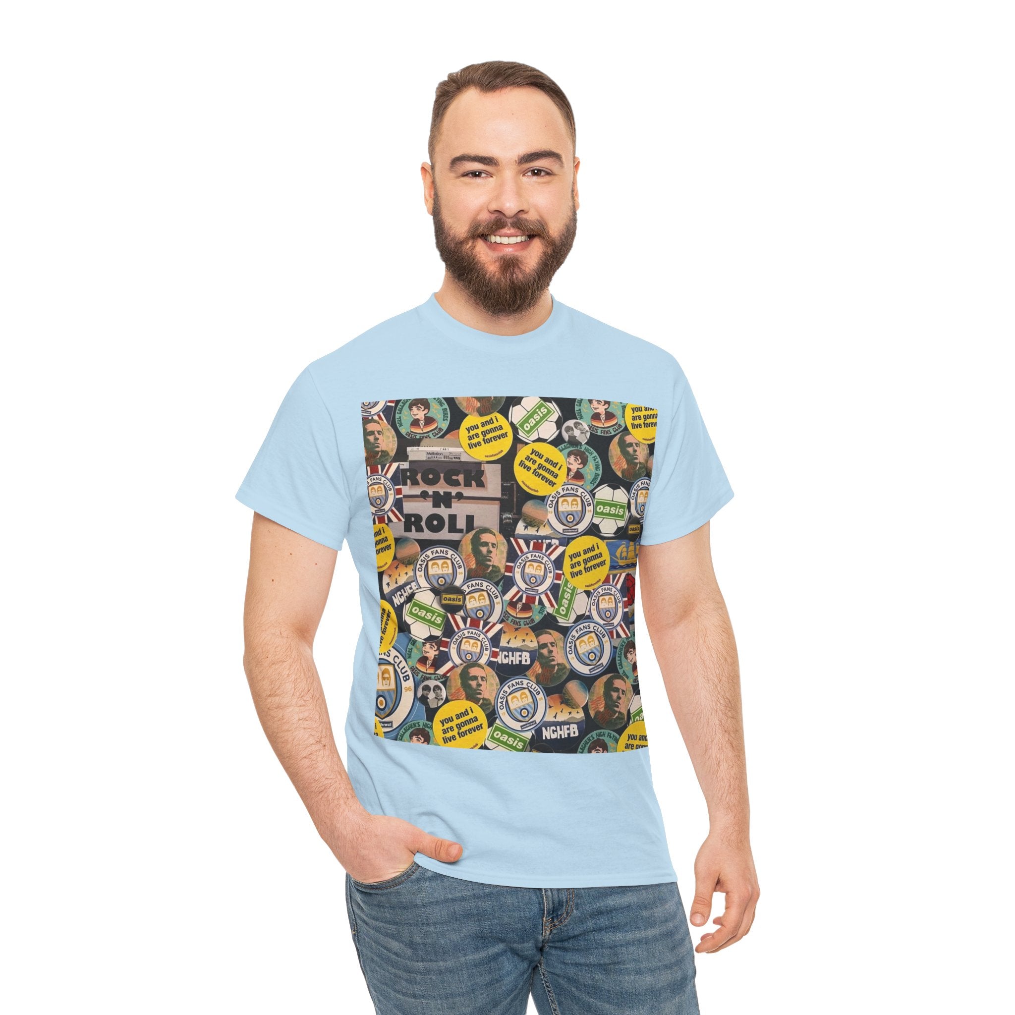 Oasis Rock & Roll Retro Button Collage Tee
