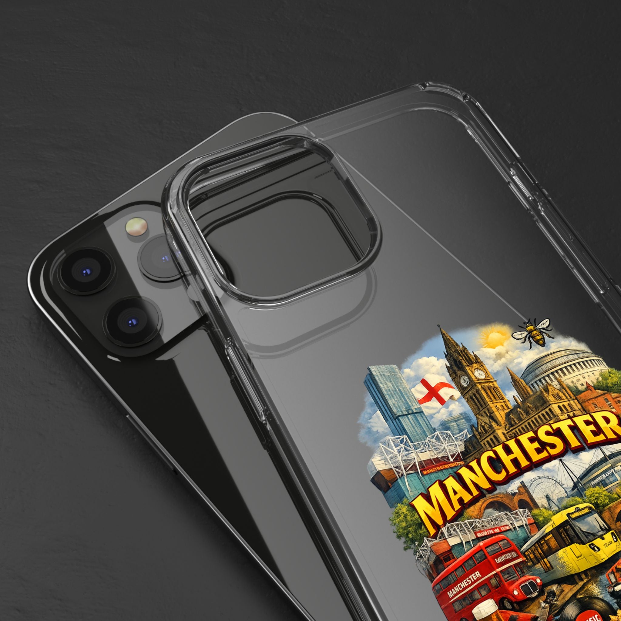 Manchester Landmark Clear Phone Case — Cityscape Collage Design