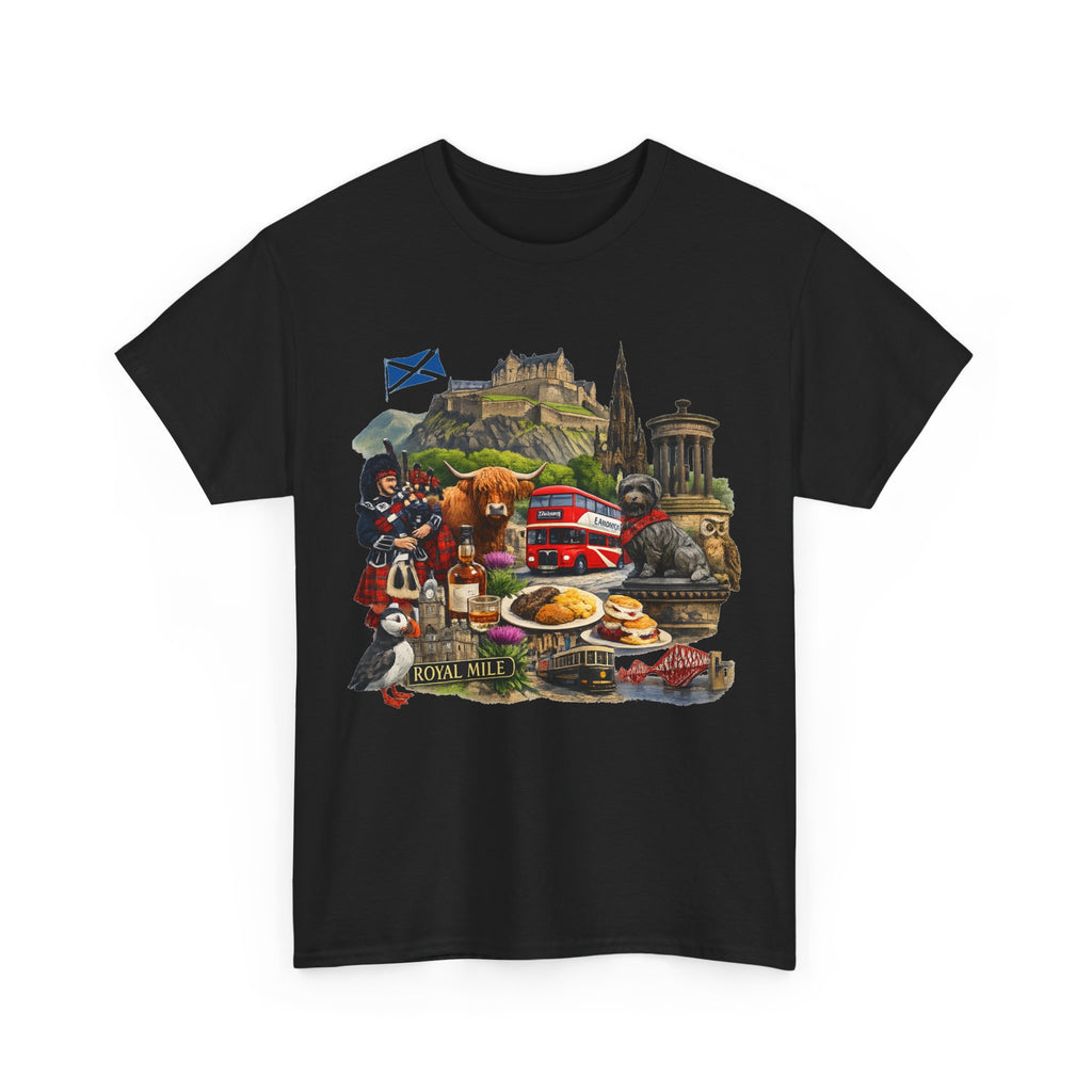 Scotland / Edinburgh Travel Collage T-Shirt — Edinburgh Castle, Bagpipes & Local Icons