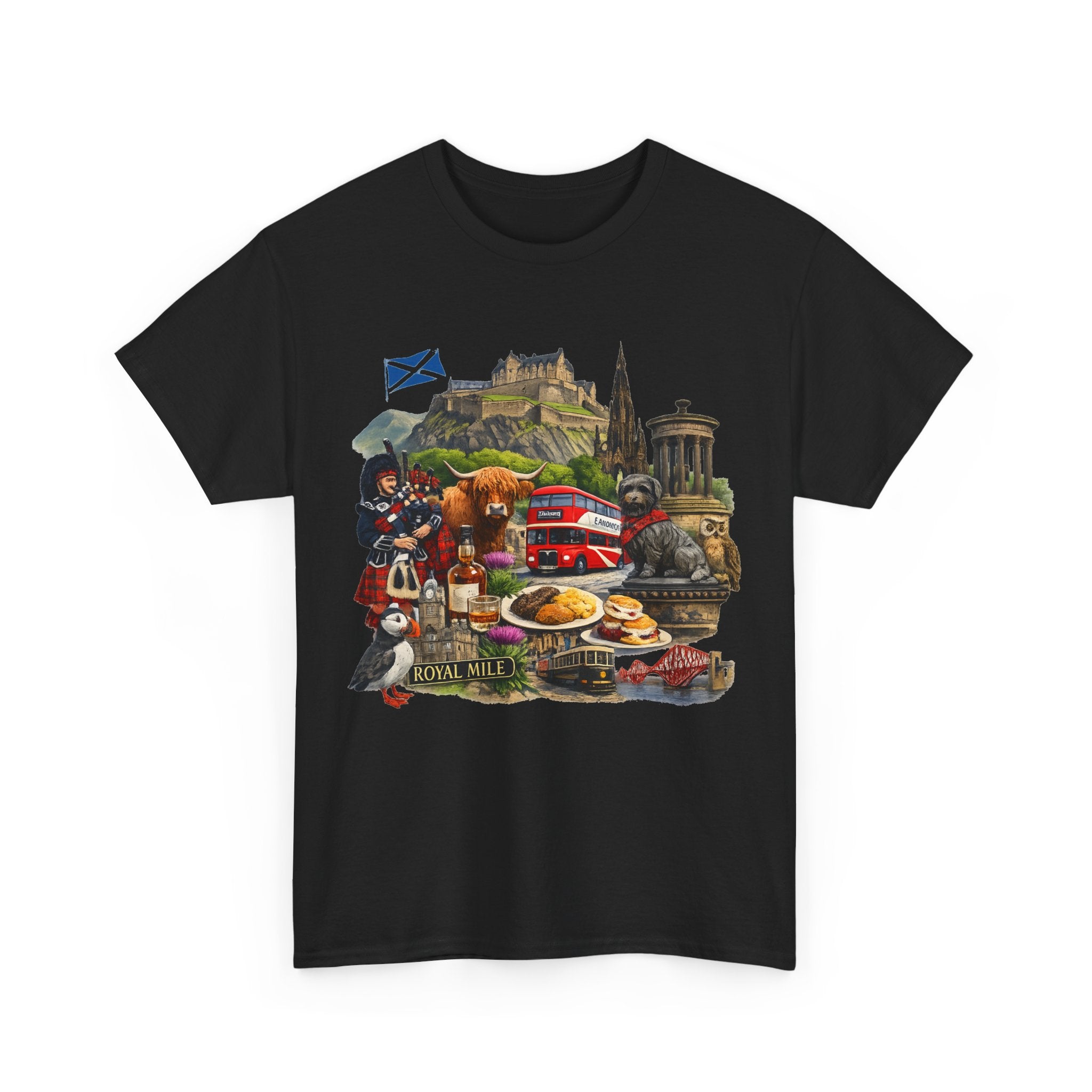 Scotland / Edinburgh Travel Collage T-Shirt — Edinburgh Castle, Bagpipes & Local Icons