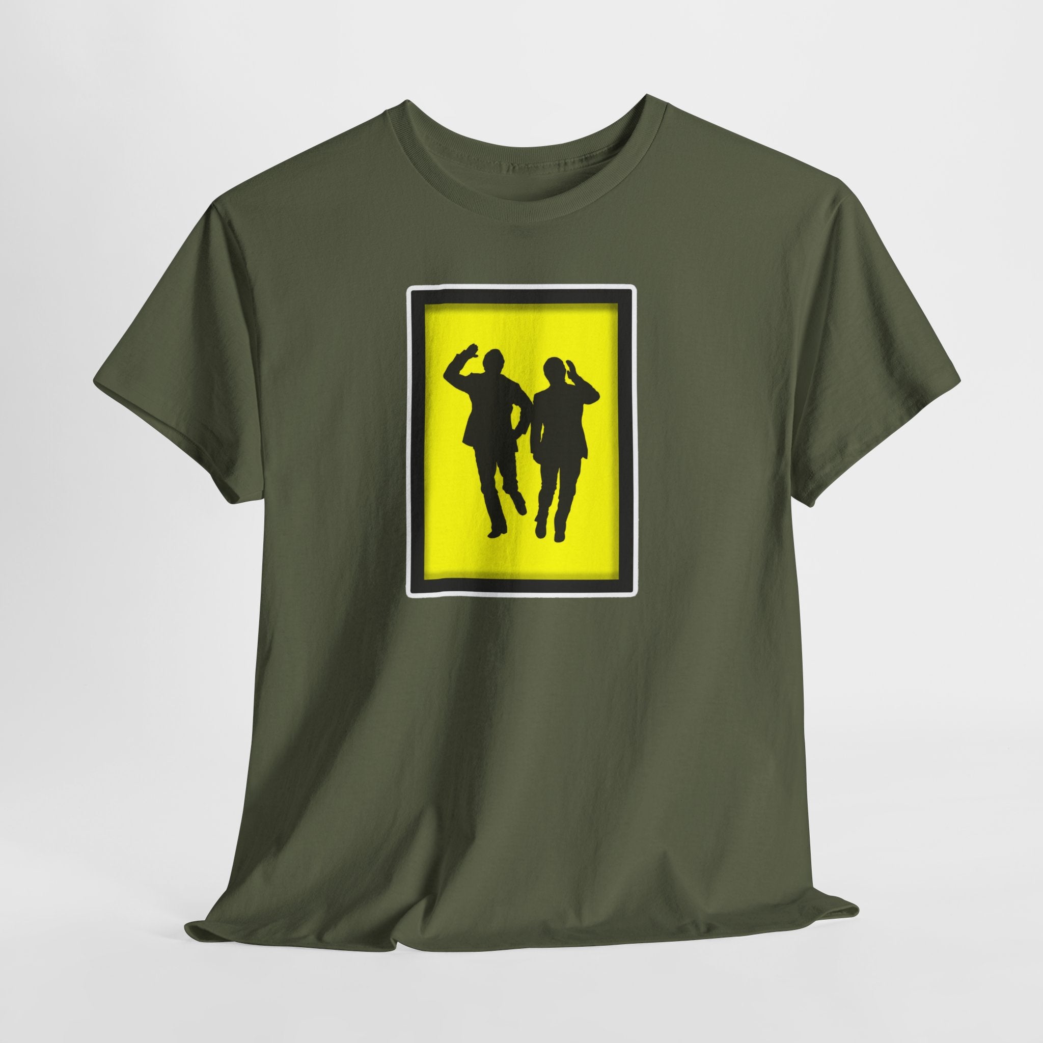 Morecambe and Wise Dancing Silhouette Tee – Retro Yellow Frame Graphic T-Shirt