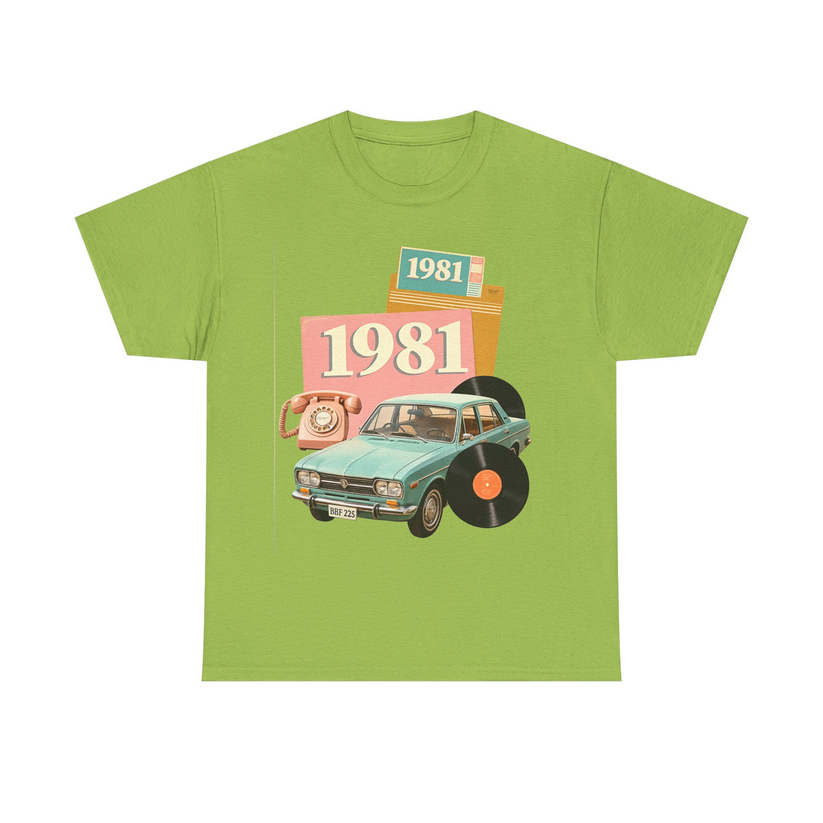 1981 Retro Car Tee — Vintage 80s Birthday T-Shirt with Record & Telephone Design