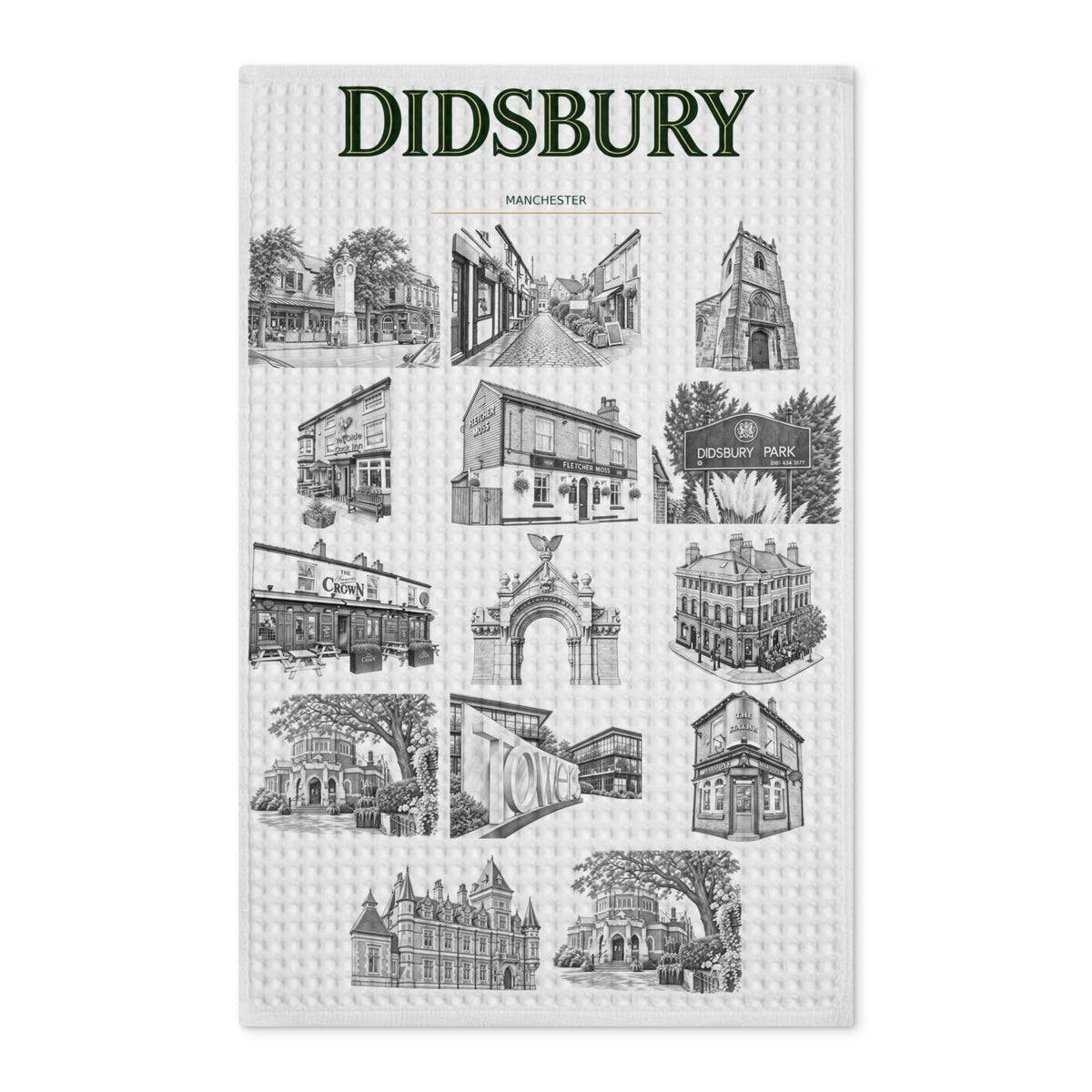 Didsbury Illustrated Waffle Tea Towel — Vintage Landmarks Kitchen Towel