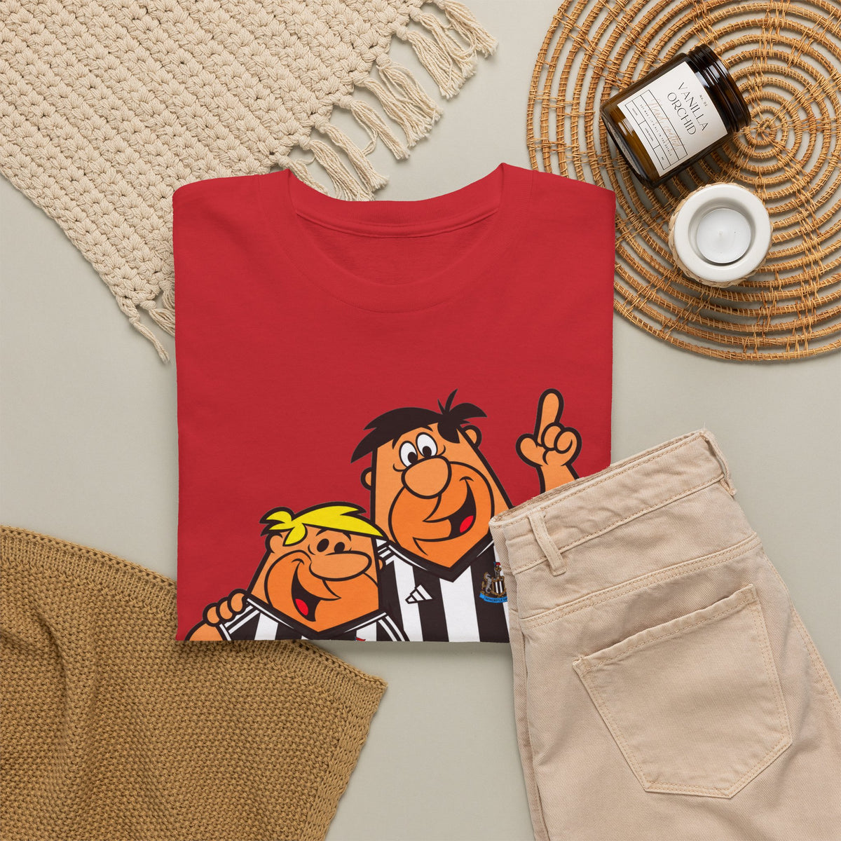 Newcastle United Flintstones Cartoon Cotton T-Shirt / Tee — Retro Striped Jersey Illustrations