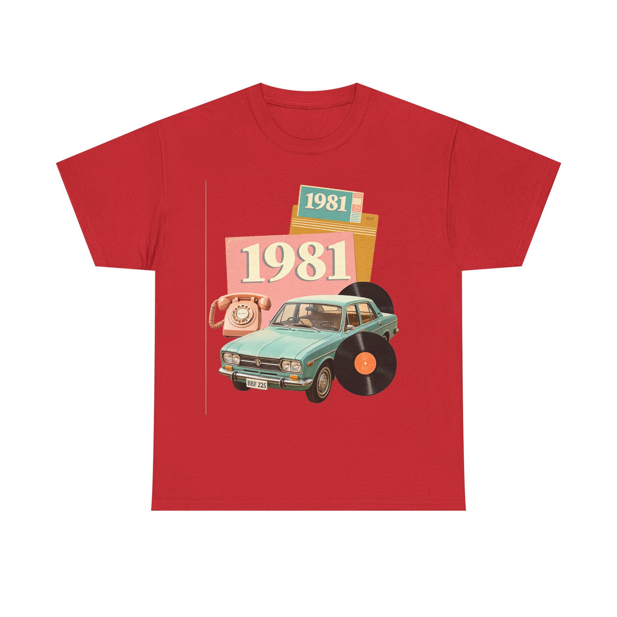 1981 Retro Car Tee — Vintage 80s Birthday T-Shirt with Record & Telephone Design