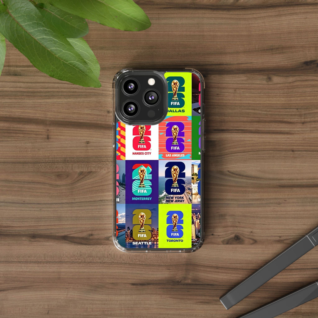 FIFA World Cup Pop Art Clear Phone Case — City Badge Collage (Dallas, LA, Monterrey, Toronto, Seattle)