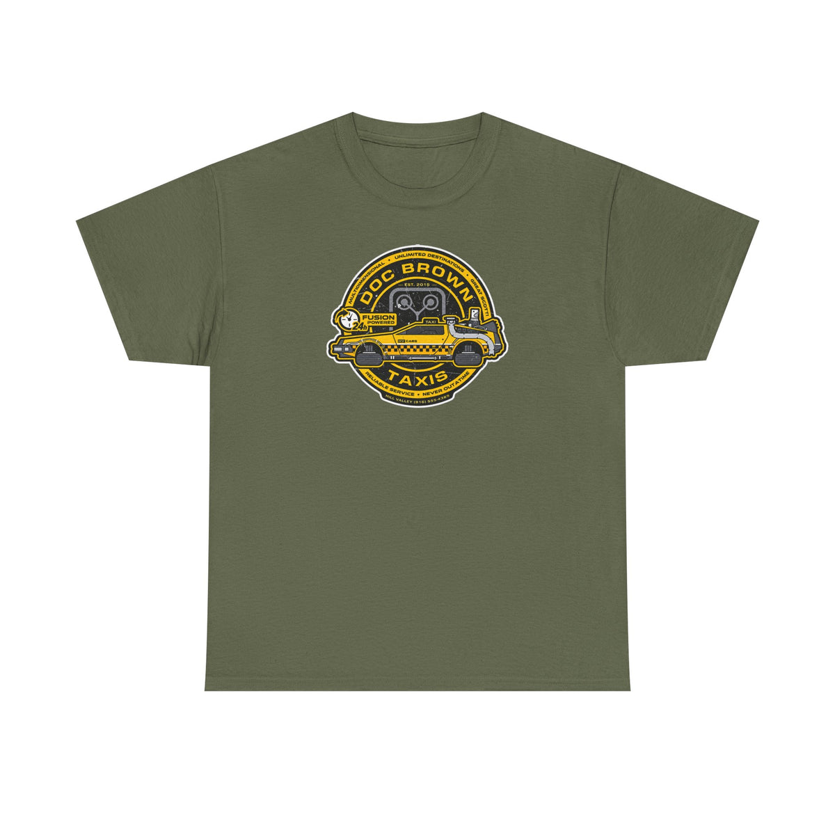 Vintage Taxi Badge T-Shirt — 'Doc Brown Taxis' Retro Cab Logo Tee