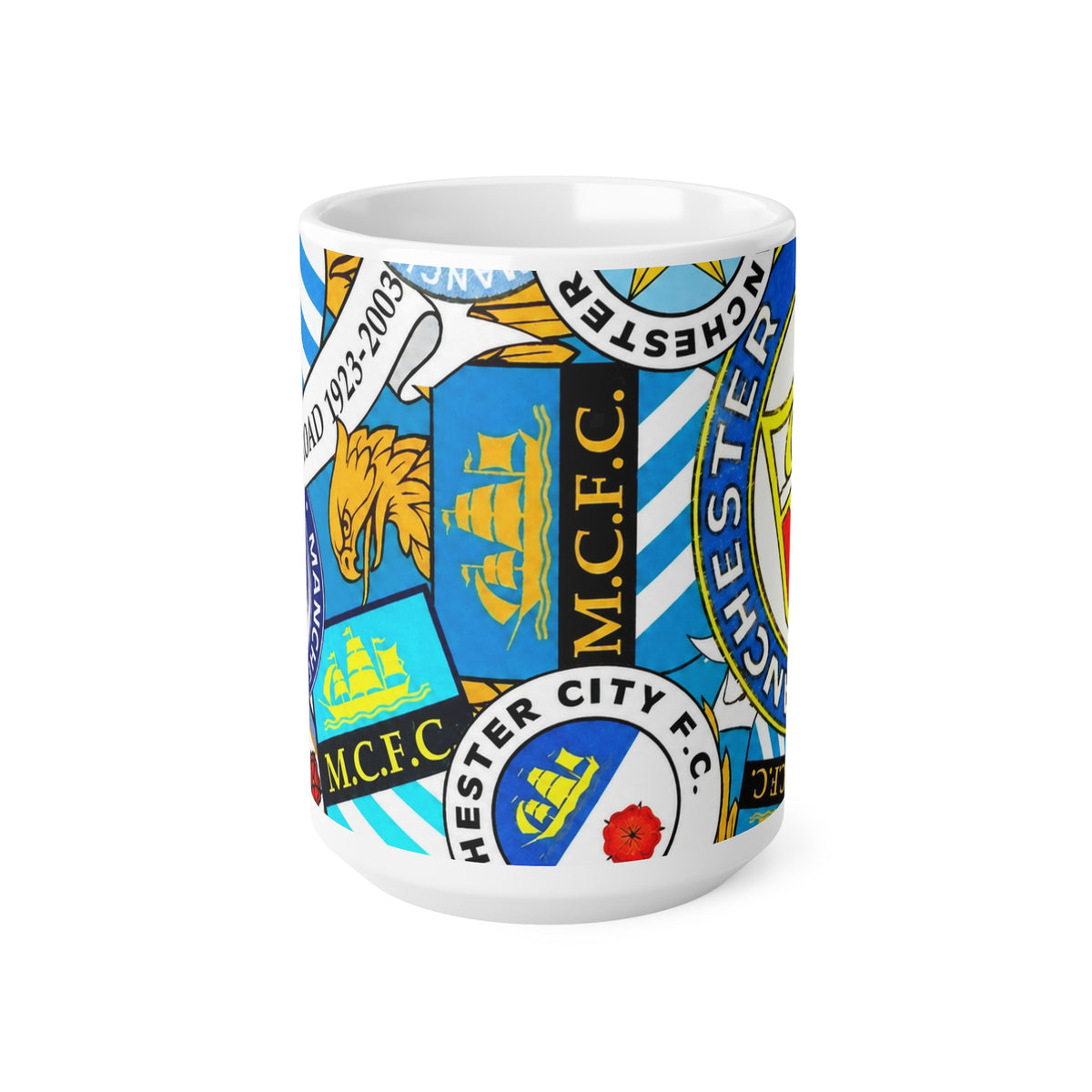 Manchester City Crest Collage Mug — Ceramic Coffee Cup (11oz & 15oz)
