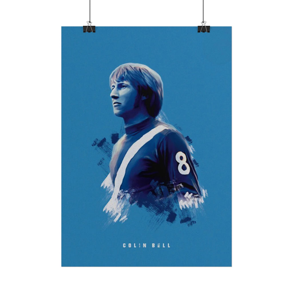 Colin Bell Manchester City Rolled Poster — Vintage Football Player 'Colin Bell' Blue Art Print