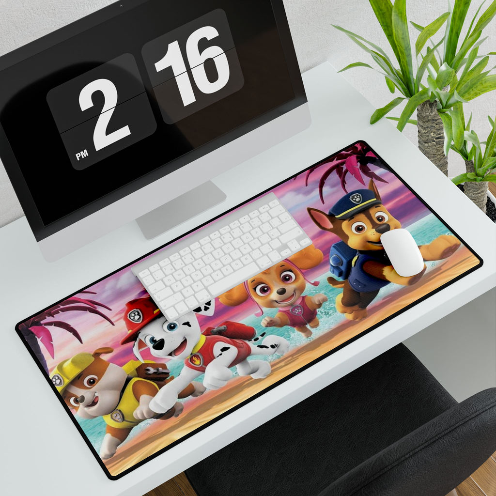Kids' Beach Cartoon Desk Mat — Playful Paw Patrol Characters on Sunset